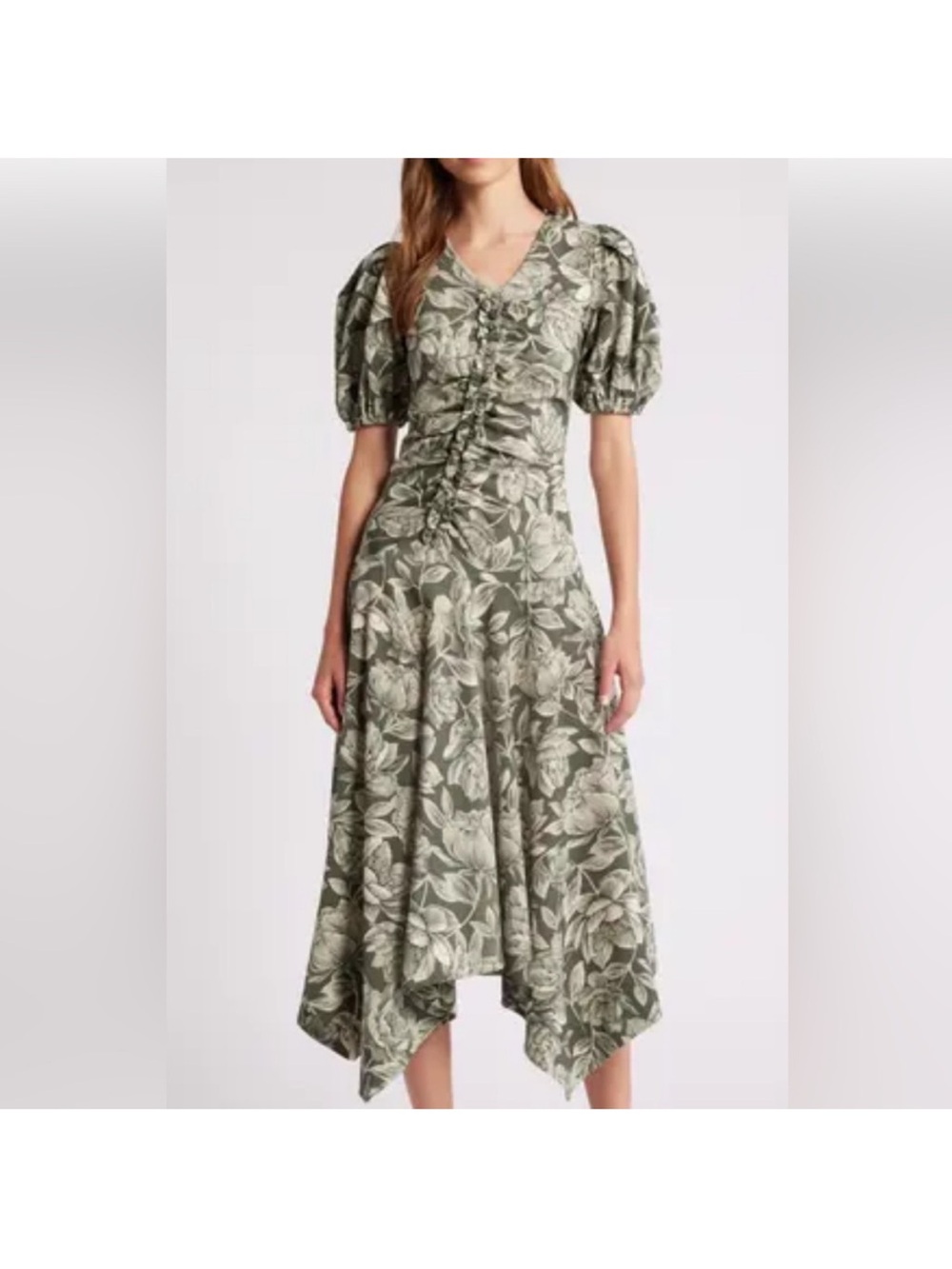 Moon River Olive Green Botanical Ruched Puff-Sleeve Midi Dress